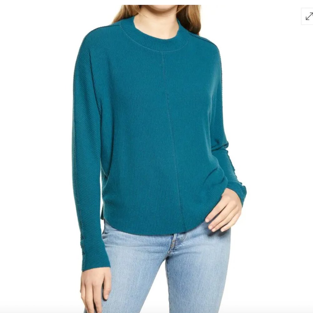 TREASURE & BOND Mock Neck Rib Pullover, Deep Teal, Size Small